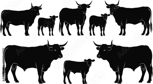 Cow and calf silhouette set, livestock profile icons, farm animal graphics, black side view illustrations, transparent background pack