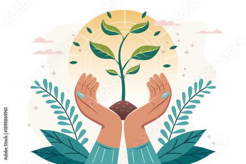 Hands protecting a growing green plant, environmental care and sustainable development concept vector illustration