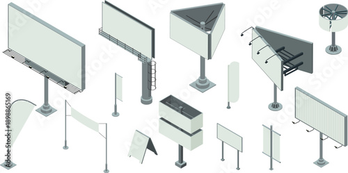 Isometric Grayscale Billboard Mockup Set 14 Outdoor Advertising Structures for Highway, Pedestrian and Street Level Campaign Visualizations
