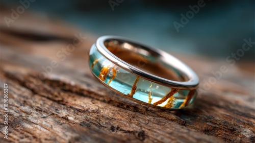 An exquisite resin ring featuring beautiful golden swirls encapsulated in clear material, showcasing an elegant fusion of nature and craftsmanship in jewelry design.