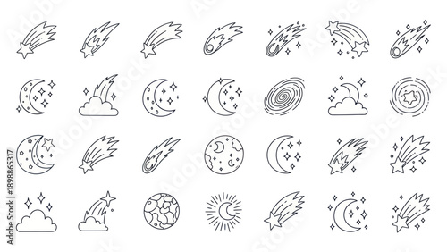 Celestial Icons: Stars, Moons, Comets, Planets, and Galaxies - Line Art Set