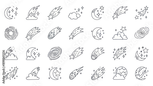 Celestial Icons: Shooting Stars, Moon, Clouds, and Galaxies Vector Set