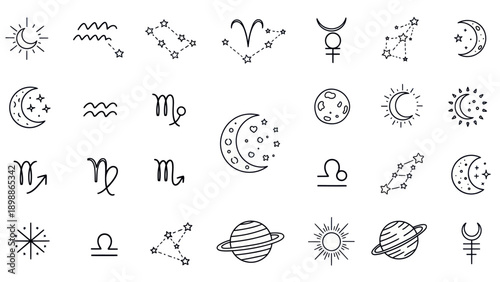 Celestial Zodiac Constellations Moon Sun Planets Symbols Icons Set