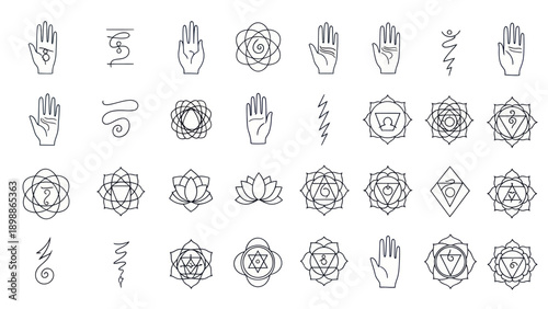 Chakra Symbols and Hand Gestures: Spiritual, Yoga, Meditation Icons Set