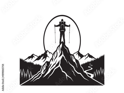 Mountain climber silhouette with sun and peaks