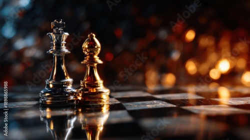 A striking composition of shiny chess pieces on a chessboard, showcasing strategy and the intellectual challenge inherent in the game of chess, capturing intense focus.