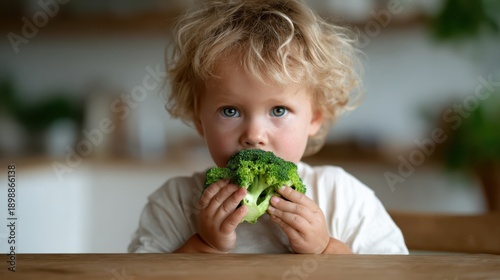 In this delightful image, a toddler is playfully enjoying a piece of broccoli at a dining table, showcasing a moment of curiosity and natural affection for healthy foods.