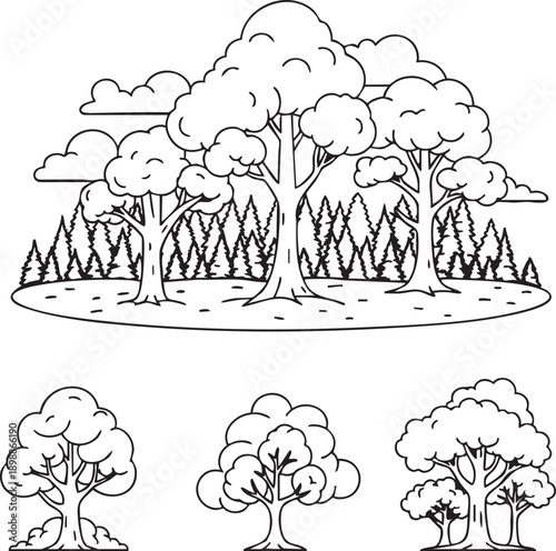 Trees standing in a forest clearing with various tree types illustrated in a simple graphic style from a high viewpoint