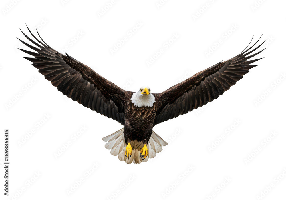 Obraz premium Bald eagle flying directly towards the camera with outstretched wings isolated on transparent background