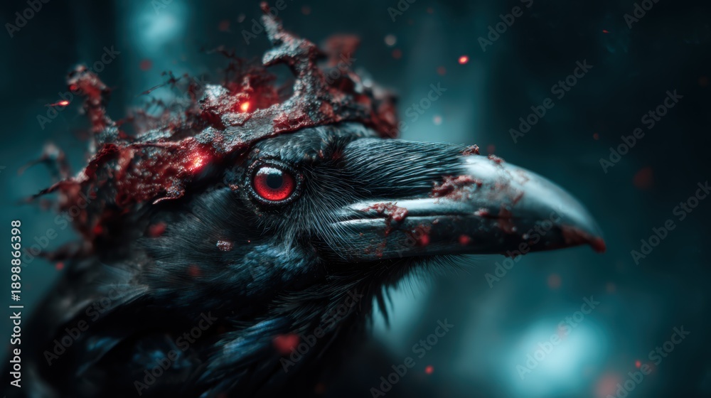 Fototapeta premium This captivating image showcases a raven adorned with a crown of entangled branches, evoking themes of mystery and nature's beauty in an enchanting atmosphere.