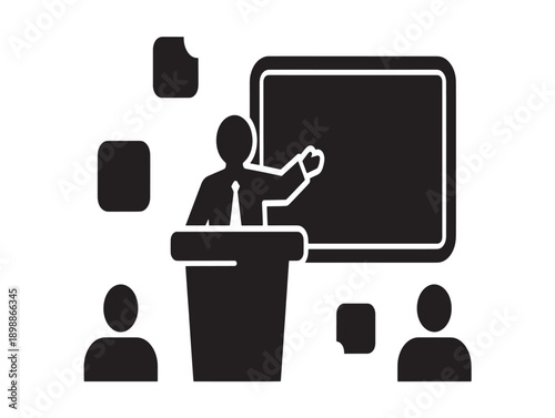 Minimalist presentation scene with speaker and audience