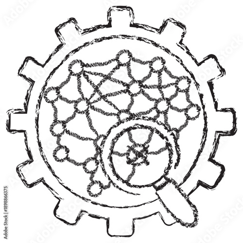 Vector icon of a failure analysis process examining a neural network with a magnifying glass. Dark brown charcoal sketch on transparent background. Concept of AI diagnostic and system troubleshooting