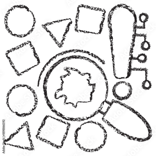 Vector icon of a magnifying glass detecting a unique anomaly among geometric shapes. Dark brown charcoal sketch on transparent background. Symbol of AI outlier detection and data pattern recognition
