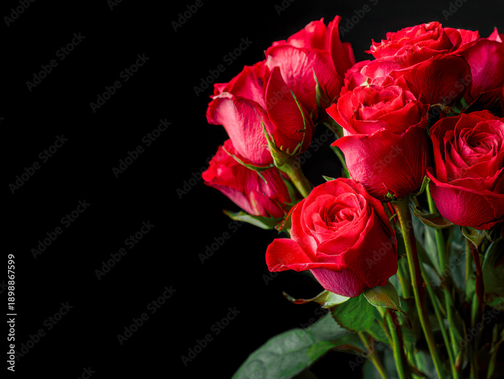 Fototapeta premium Vibrant bouquet of red roses with lush green stems and leaves on a black background symbolizing love and romance in a natural floral arrangement