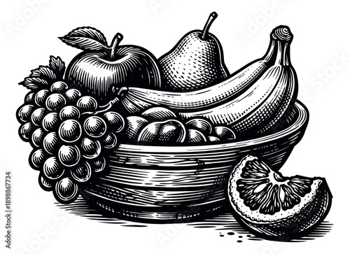 Woodcut style fruit bowl set featuring assorted fresh fruits for healthy food designs