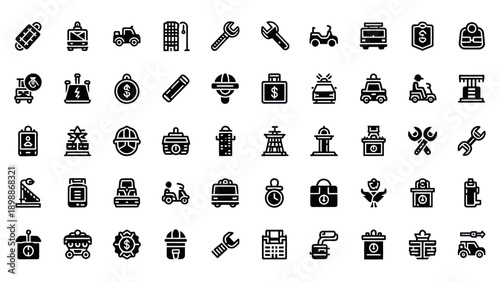 Vector Icons Set: Tools, Vehicles, Finance, Construction, and Business Symbols