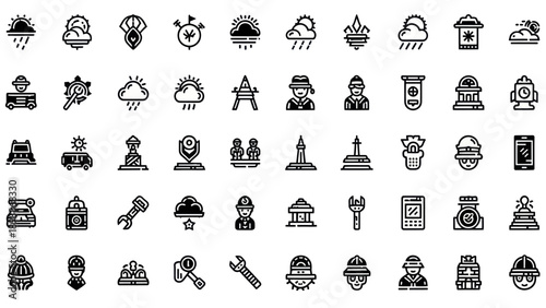 Vector Icons Set: Weather, Construction, Industry, City Landmarks, and Technology