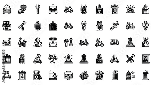 Vector Icons Set: Vehicles, Tools, Buildings, and Services