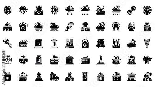 Vector Icons Set: Weather, Industry, Technology, Buildings, and Business