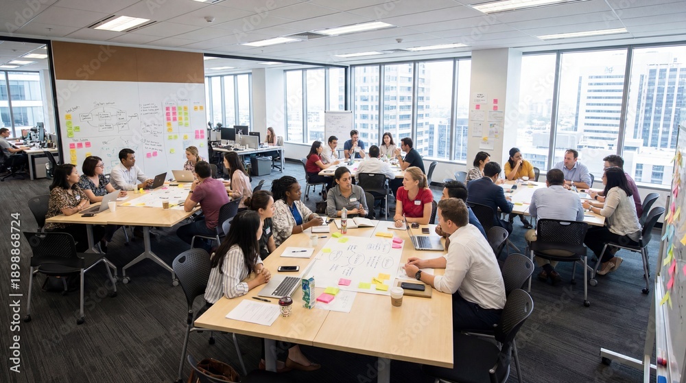 Obraz premium Diverse team collaborating in modern office space with brainstorming session