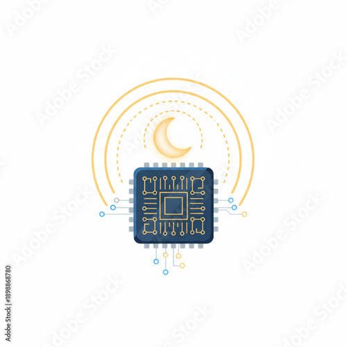 A computer chip with a crescent moon and yellow circles on a white background