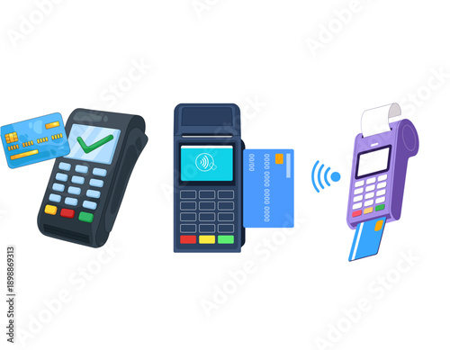Three illustrations of point-of-sale terminals demonstrating different credit card payment methods including chip, swipe, and contactless transactions.