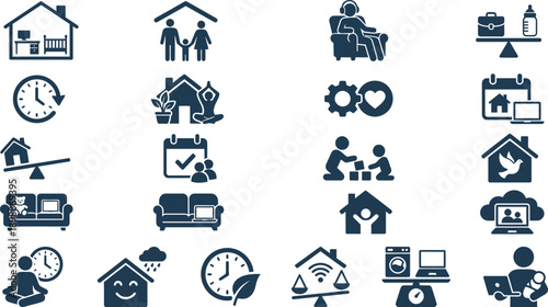 Collection of various home and work life icons in blue representing daily activities and tasks in a modern digital environment from an overhead viewpoint