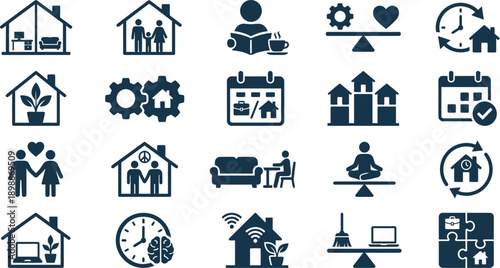 Collection of home and office icons representing various activities and concepts in a simple design style