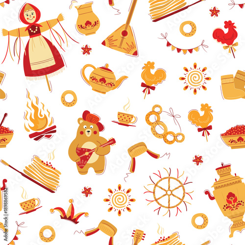 Vector seamless pattern on the theme of the Russian holiday Carnival. Russian translation Shrovetide or Maslenitsa. Slavic style collection in red and yellow tones