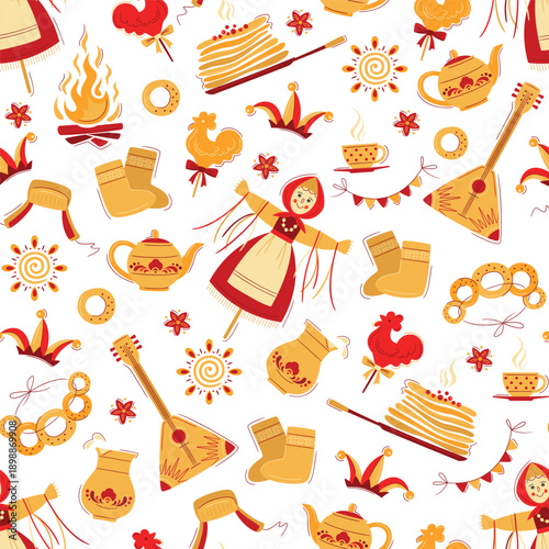 Vector seamless pattern on the theme of the Russian holiday Carnival. Russian translation Shrovetide or Maslenitsa. Slavic style collection in red and yellow tones