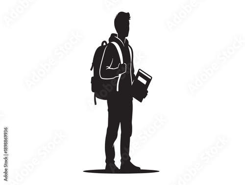 Student with backpack and books silhouette