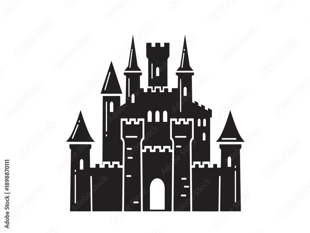 Fototapeta premium Medieval castle illustration with turrets and drawbridge