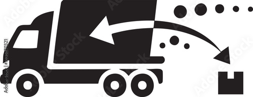 A large truck unloading packages at a delivery location with arrows indicating the direction of motion