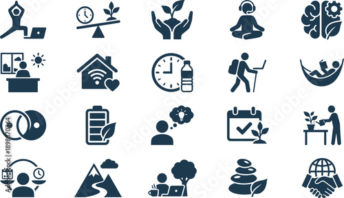 Collection of business icons representing various concepts and ideas related to technology, productivity, and workplace