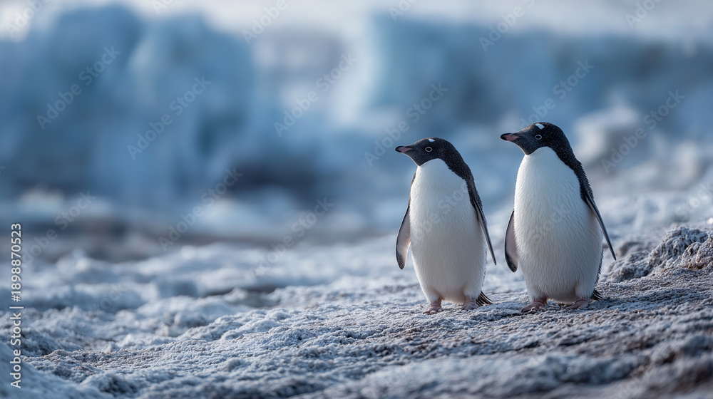 Fototapeta premium Two adorable penguins stand together on a frosty landscape, surrounded by a stunning icy backdrop bathed in soft blue hues.