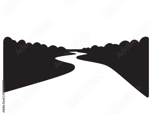 Minimalist black and white river valley landscape