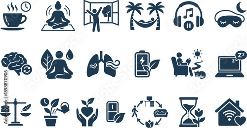 Collection of blue icons representing wellness, lifestyle, and technology concepts on a clean background from a straightforward viewpoint.