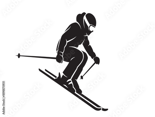 Dynamic black silhouette of skier in action