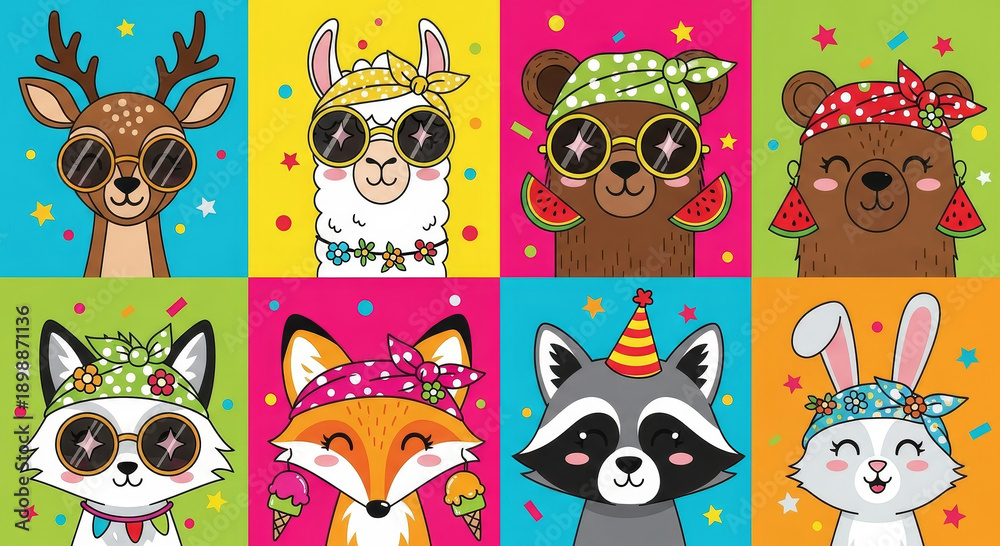 Fototapeta premium A playful collage of cartoon animals wearing sunglasses and accessories, each with unique personalities in vibrant colors, exuding fun and joy.