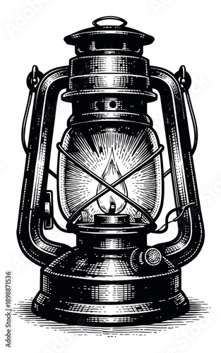 Hand drawn line art illustration of a kerosene lantern depicting a burning flame for retro lighting and camping concepts