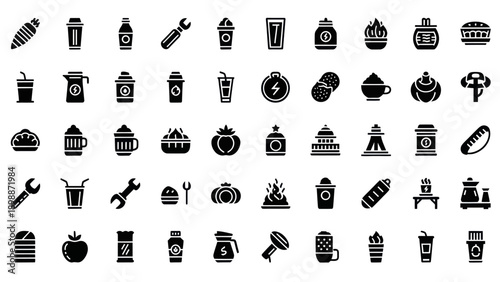 Set of Food and Drink Icons, Tools and Buildings Vector Graphics