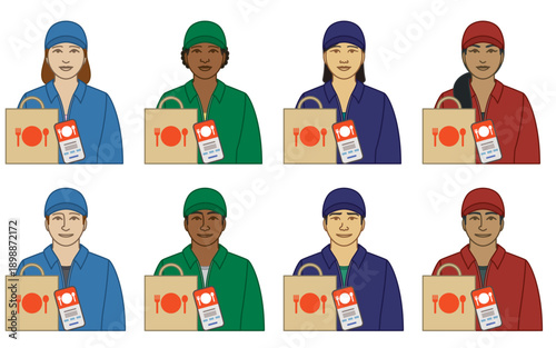 diversity, race, ethnicity of food deliverer vector icons, male and female, wearing a cap presenting food order in a paper bag, isolated on a white background
