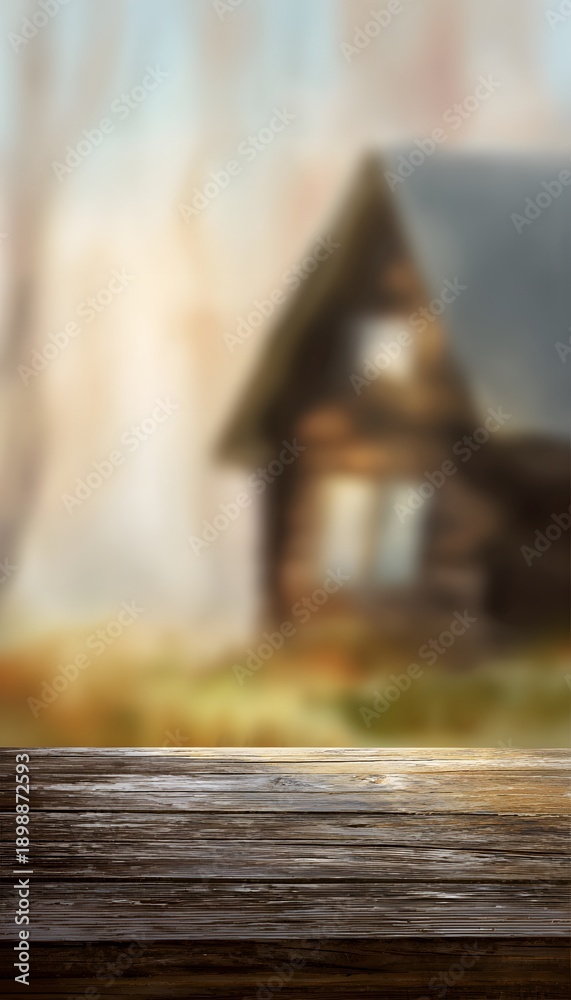 Naklejka premium Cozy cabin scene watercolor illustration of warm light on rustic wood tabletop detail