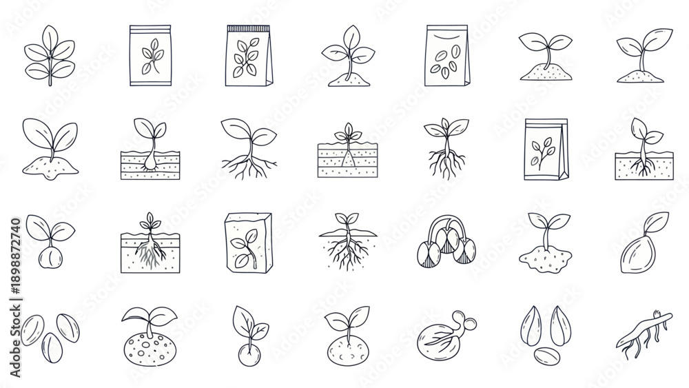 Obraz premium Seedling Growth Icons: Planting, Germination, and Sprout Development Stages