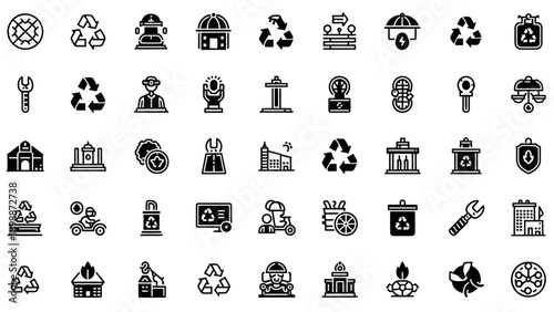 Recycling Icons Set: Green Energy, Eco Technology, Sustainable Industry, and City Life