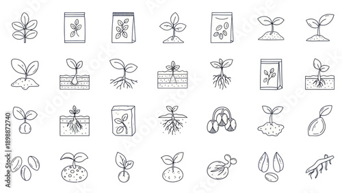 Seedling Growth Icons: Planting, Germination, and Sprout Development Stages