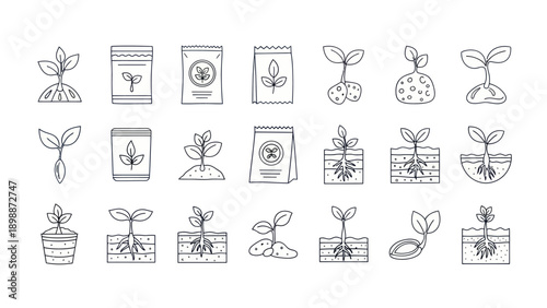 Seedling Growth Icons: Planting, Germination, and Young Plants