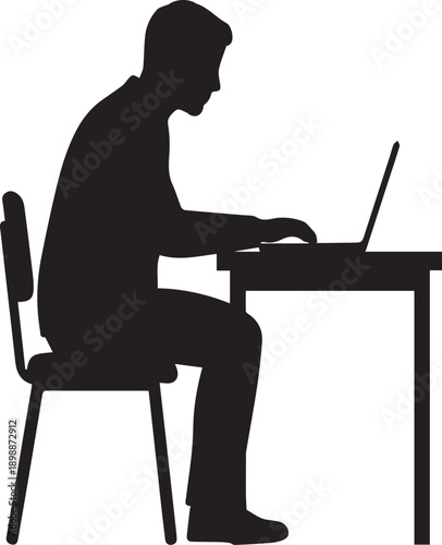 Focused Remote Worker Sitting at Desk with Laptop Silhouettes