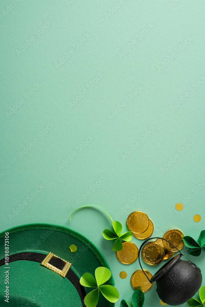 Fototapeta premium Green vertical themed St Patrick's Day scene featuring a decorative green hat, shamrocks, and a pot of gold with coins, conveying luck, tradition, and Irish heritage for festive greeting