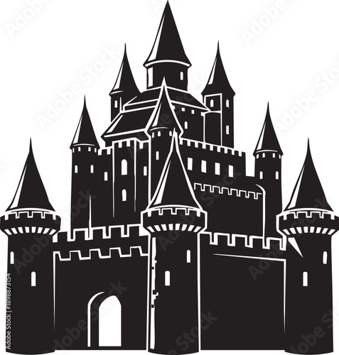 A majestic fairy tale castle with towers and battlements standing tall in a fantasy landscape viewed from a distance